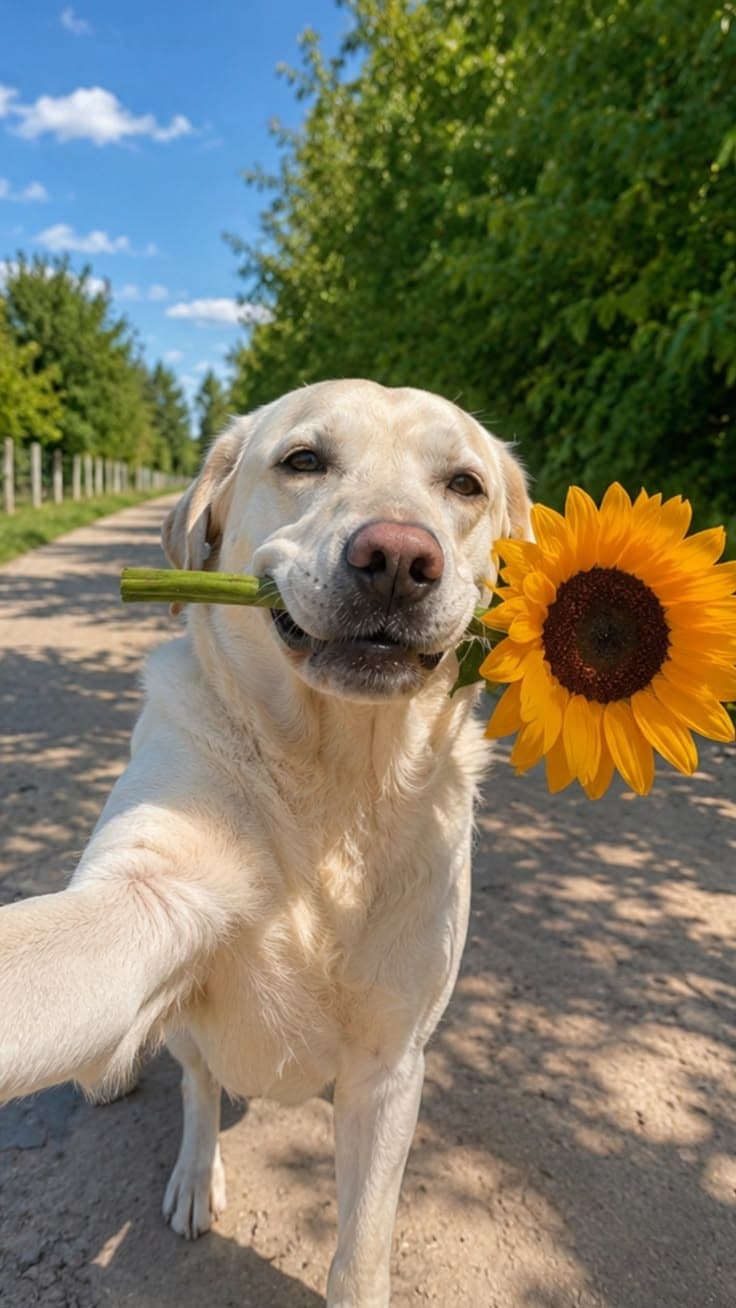 Golden retriever holding a sunflower