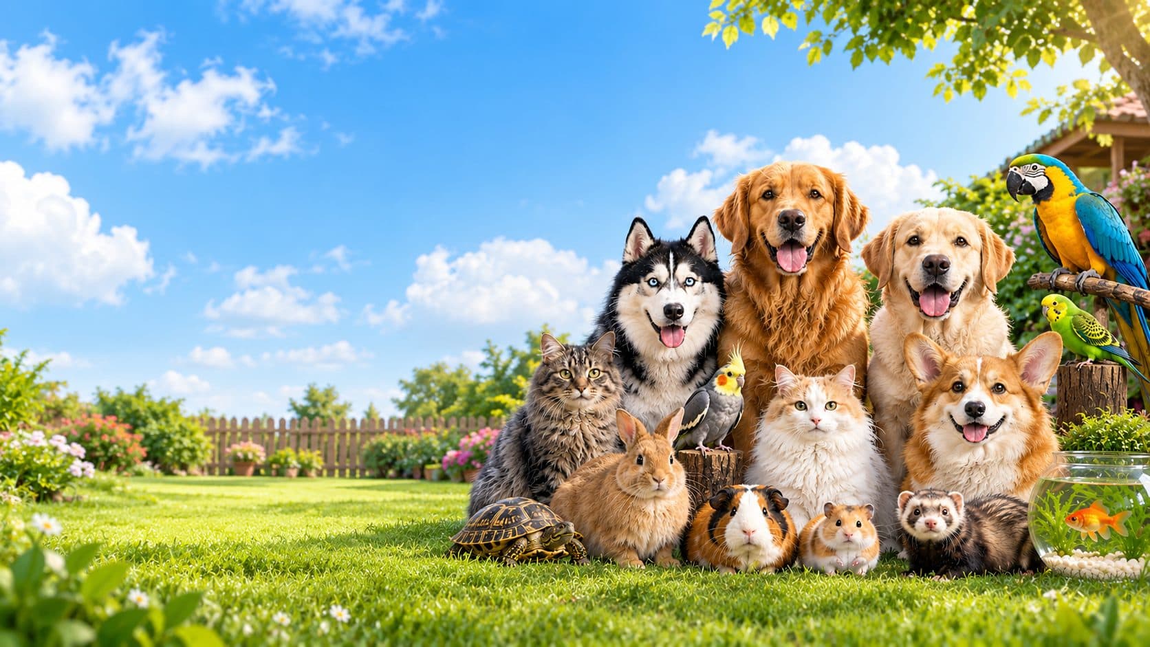 Dogs, cats, birds and small pets sitting together on a sunny lawn